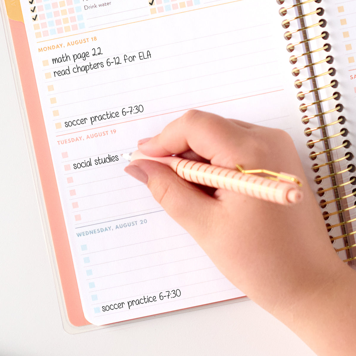 pink student planner writing close up