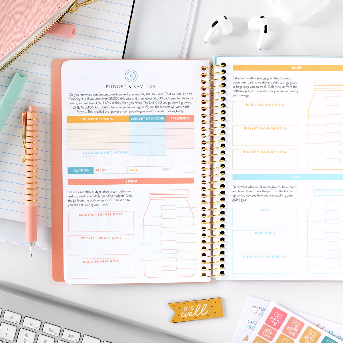 pink student planner budget and savings pages