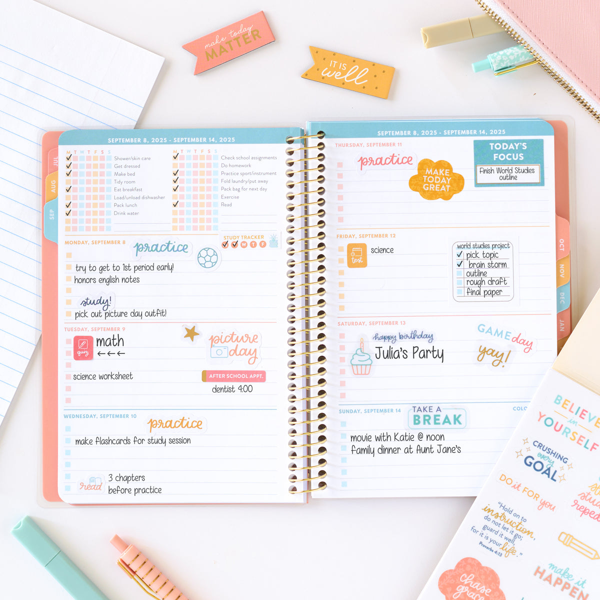 student stickers in pink student planner