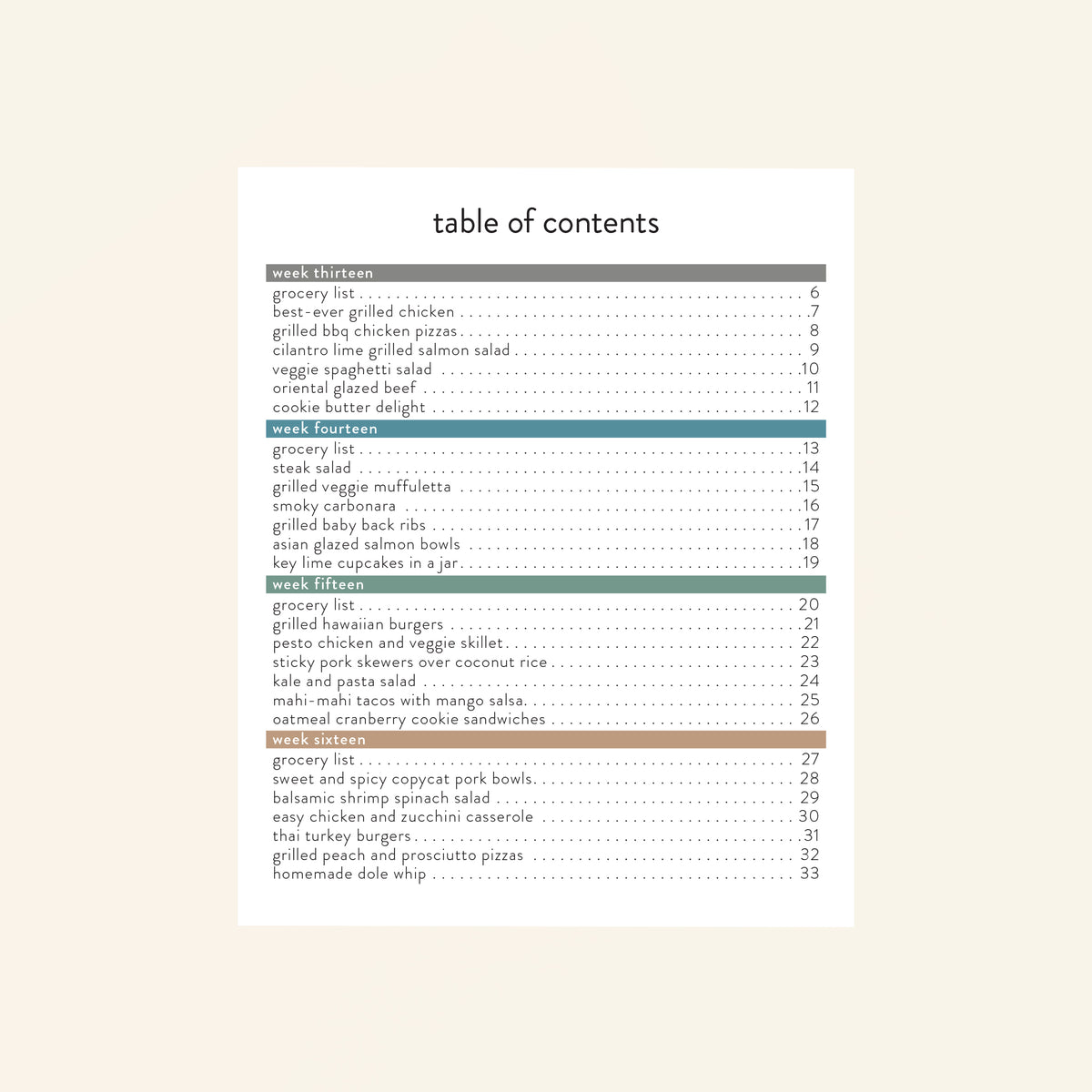 summer expansion menu plan table of contents