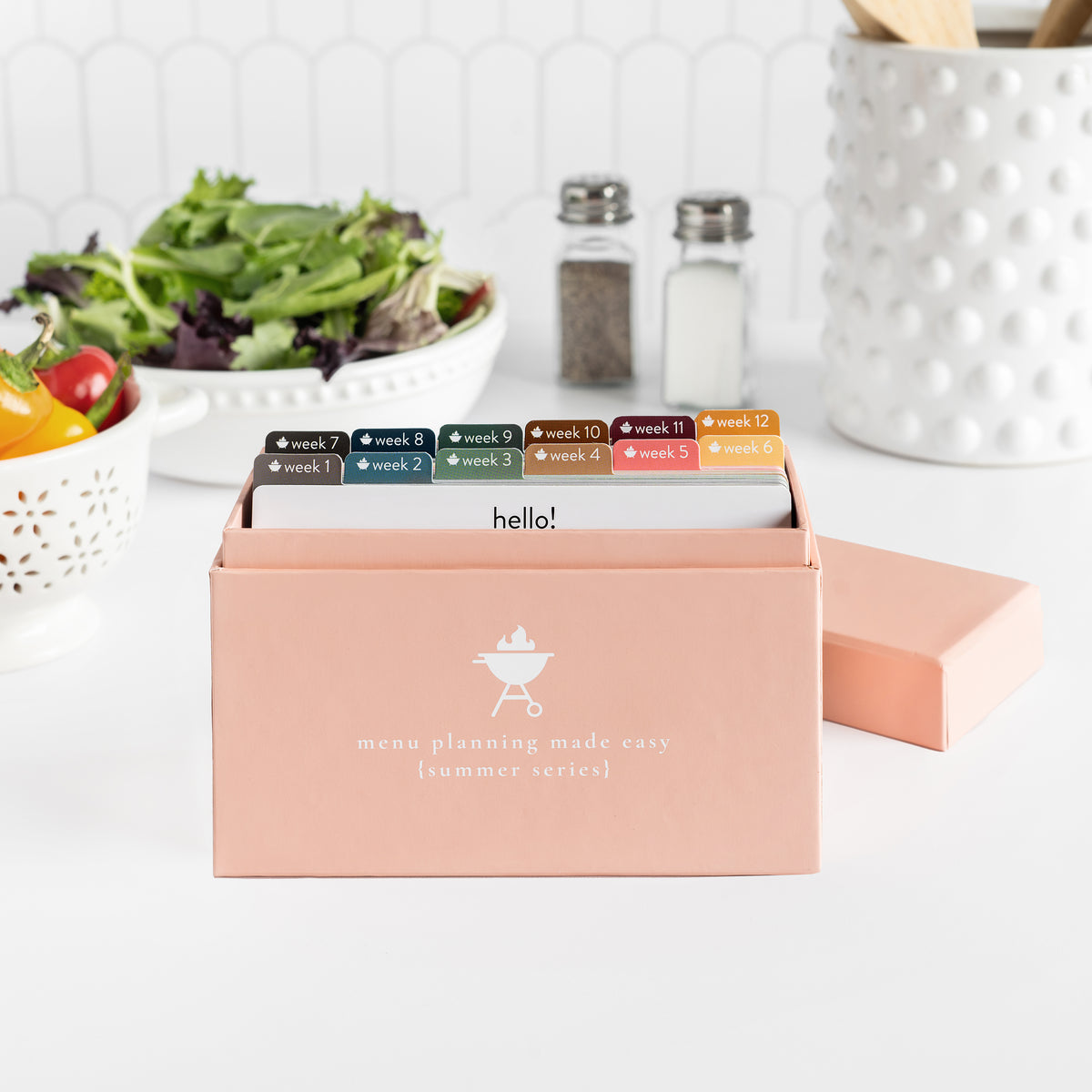 summer menu plan with photos box on counter