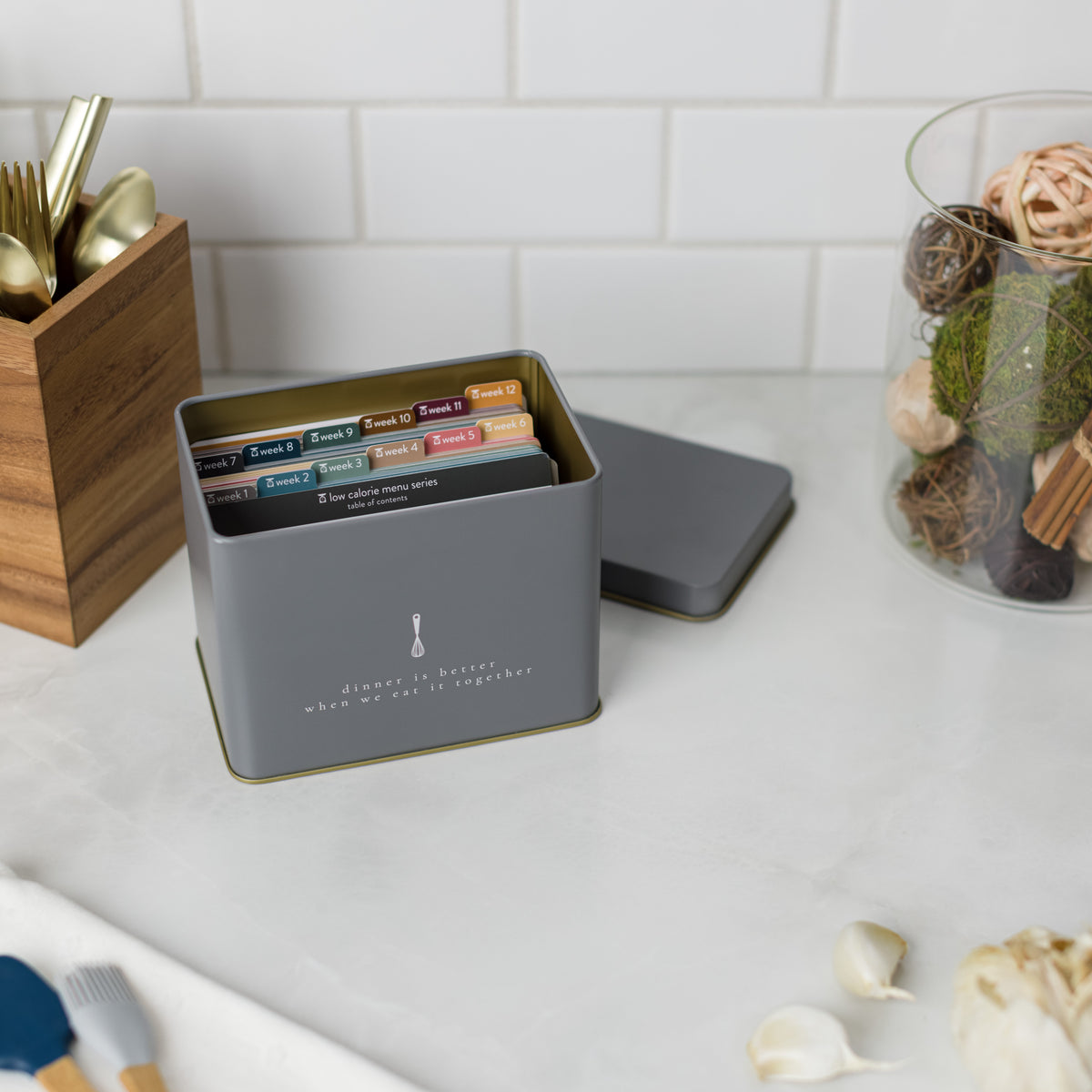 Recipe Tin - Grey open with menu plan cards inside