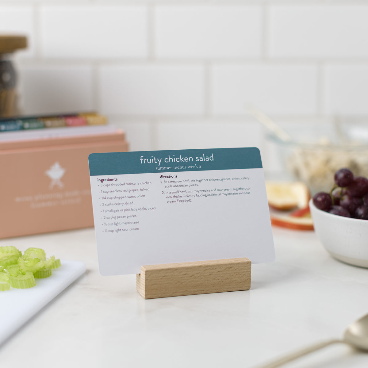 Wooden Block Recipe Card Holder  holding recipe card on counter