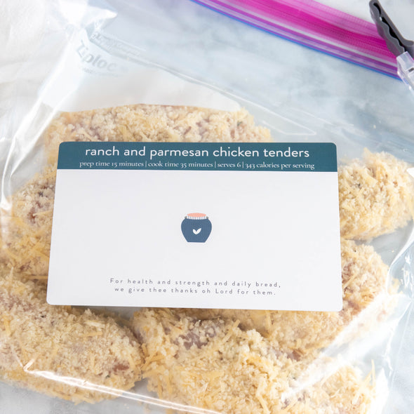 Freezer Menu Plan Ranch and Parmesan Chicken Tenders recipe in bag with insert card