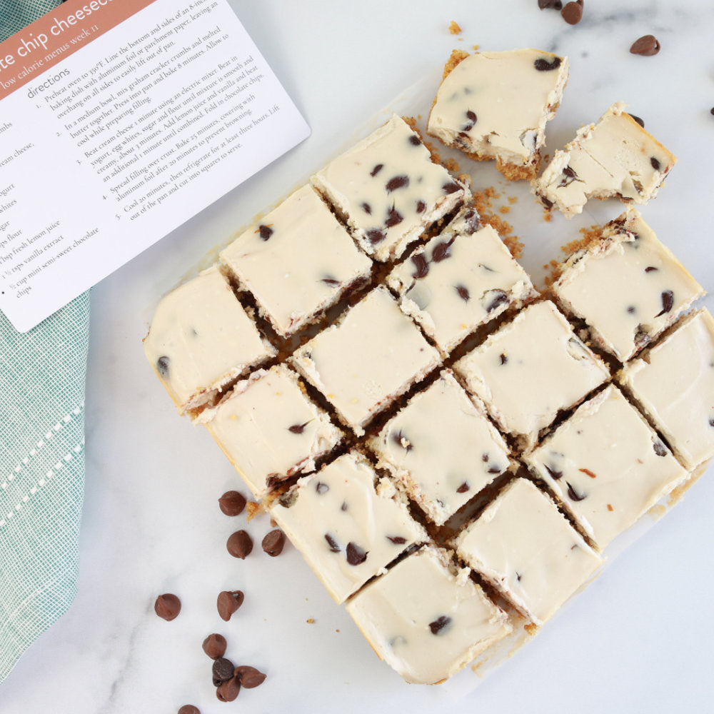 Low Calorie Slim Chocolate Chip Cheesecake Bars
